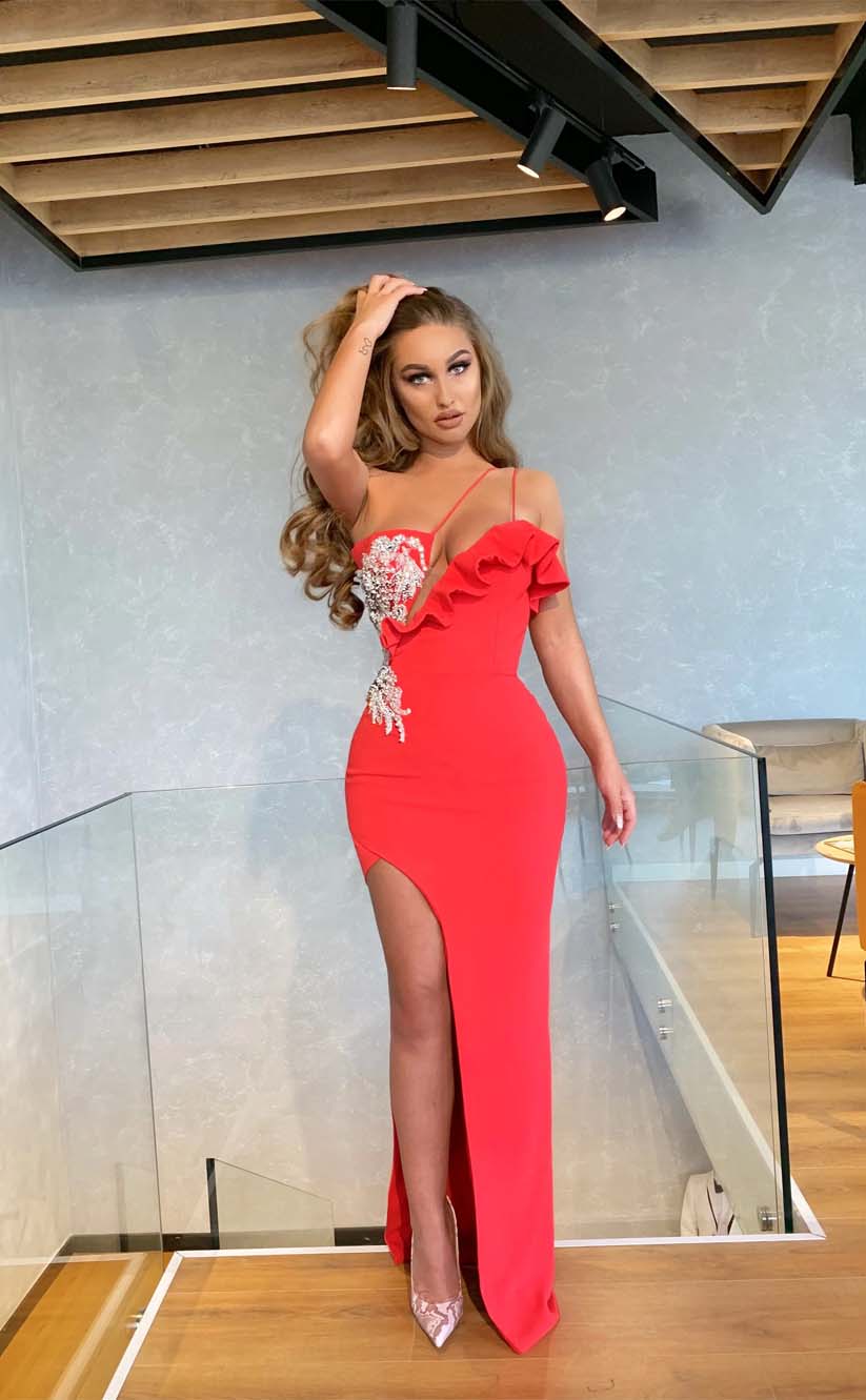 RP2164-Elegant Red Mermaid One Shoulder Beaded Appliqued Sleeveless Satin Prom Evening Dresses Formal Party Gowns With Slit