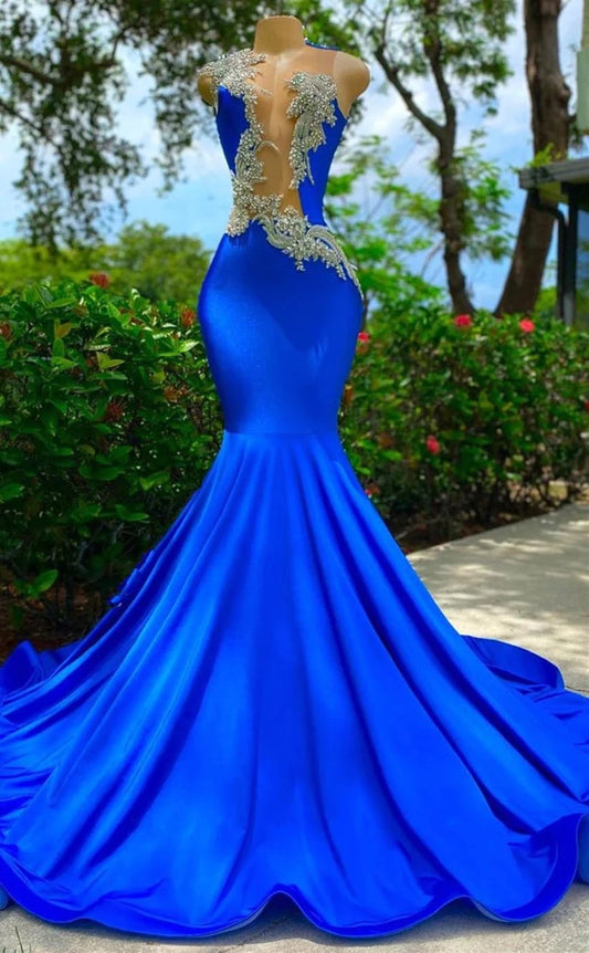 RP1391-Gorgeous Royal Blue Mermaid High Neck Appliqued Beaded Cap Sleeves Prom Evening Dresses Formal Party Gowns With Train