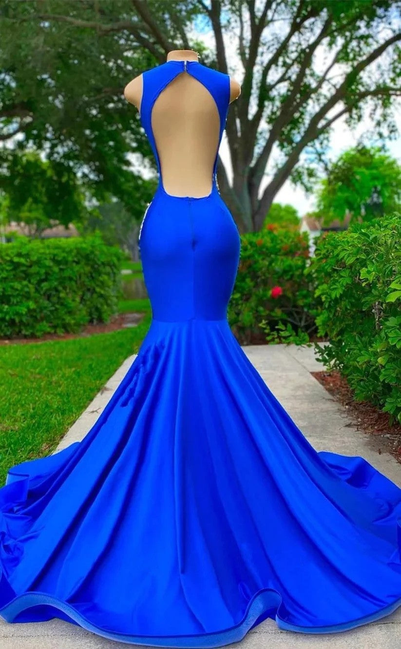 RP1391-Gorgeous Royal Blue Mermaid High Neck Appliqued Beaded Cap Sleeves Prom Evening Dresses Formal Party Gowns With Train