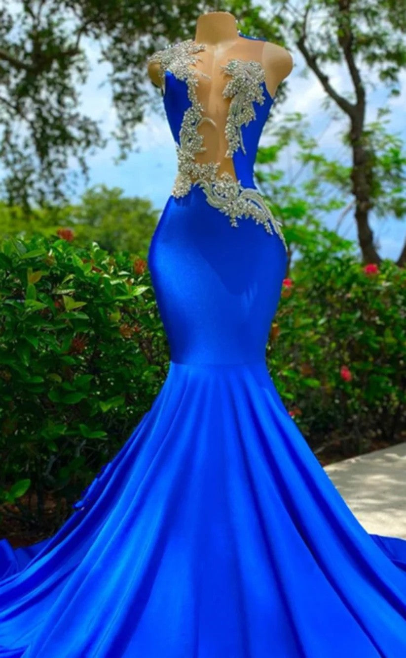 RP1391-Gorgeous Royal Blue Mermaid High Neck Appliqued Beaded Cap Sleeves Prom Evening Dresses Formal Party Gowns With Train