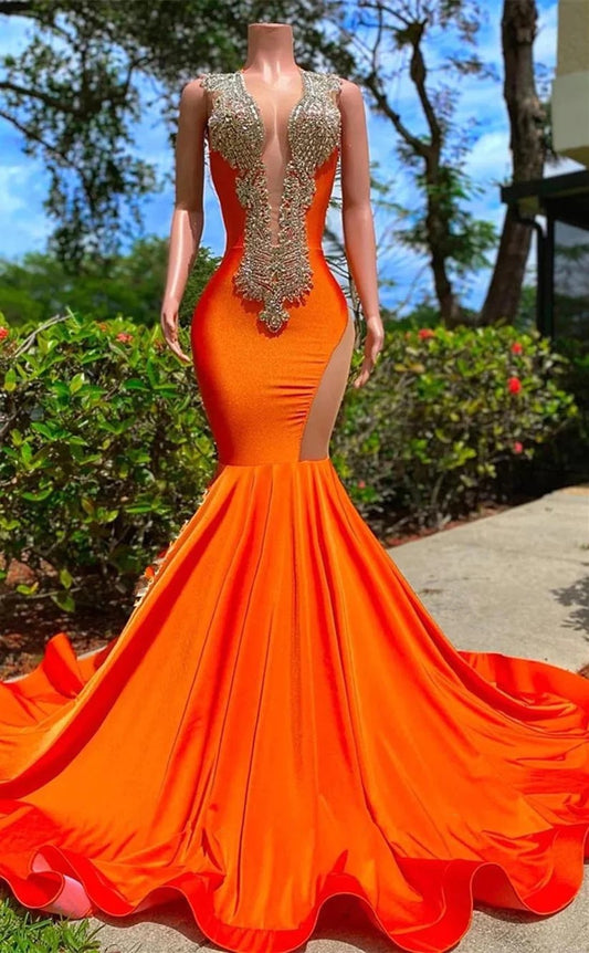 RP1392-Gorgeous Orange Mermaid V-Neck Crystals Cap Sleeves Prom Evening Dresses Formal Party Gowns With Train