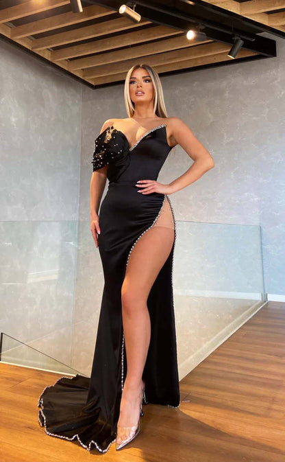 RP2168-Gorgeous Black Mermaid Sweetheart Pleated Beaded Cap Sleeves Satin Prom Evening Dresses Formal Party Gowns With Slit