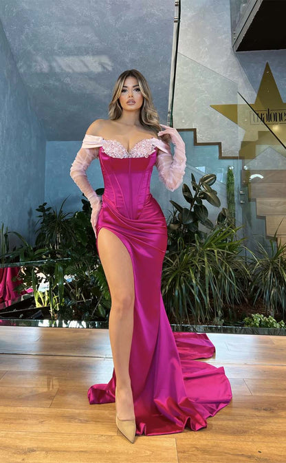 RP2166-Gorgeous Fuchsia Mermaid Off-the-Shoulder Appliqued Long Sleeves Satin Prom Evening Dresses Formal Party Gowns With Slit