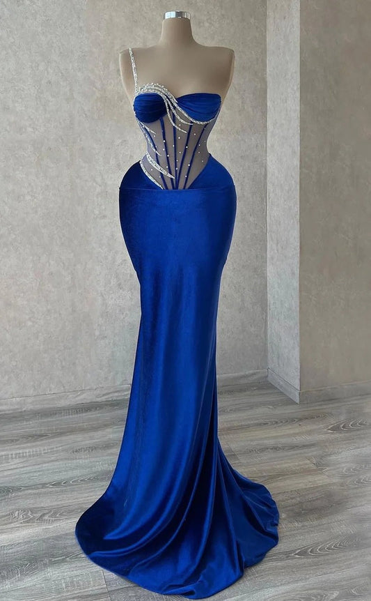 RP1395-Elegant Royal Blue Mermaid One Shoulder Ruched Beads Sleeveless Velvet Prom Evening Dresses Formal Party Gowns With Train