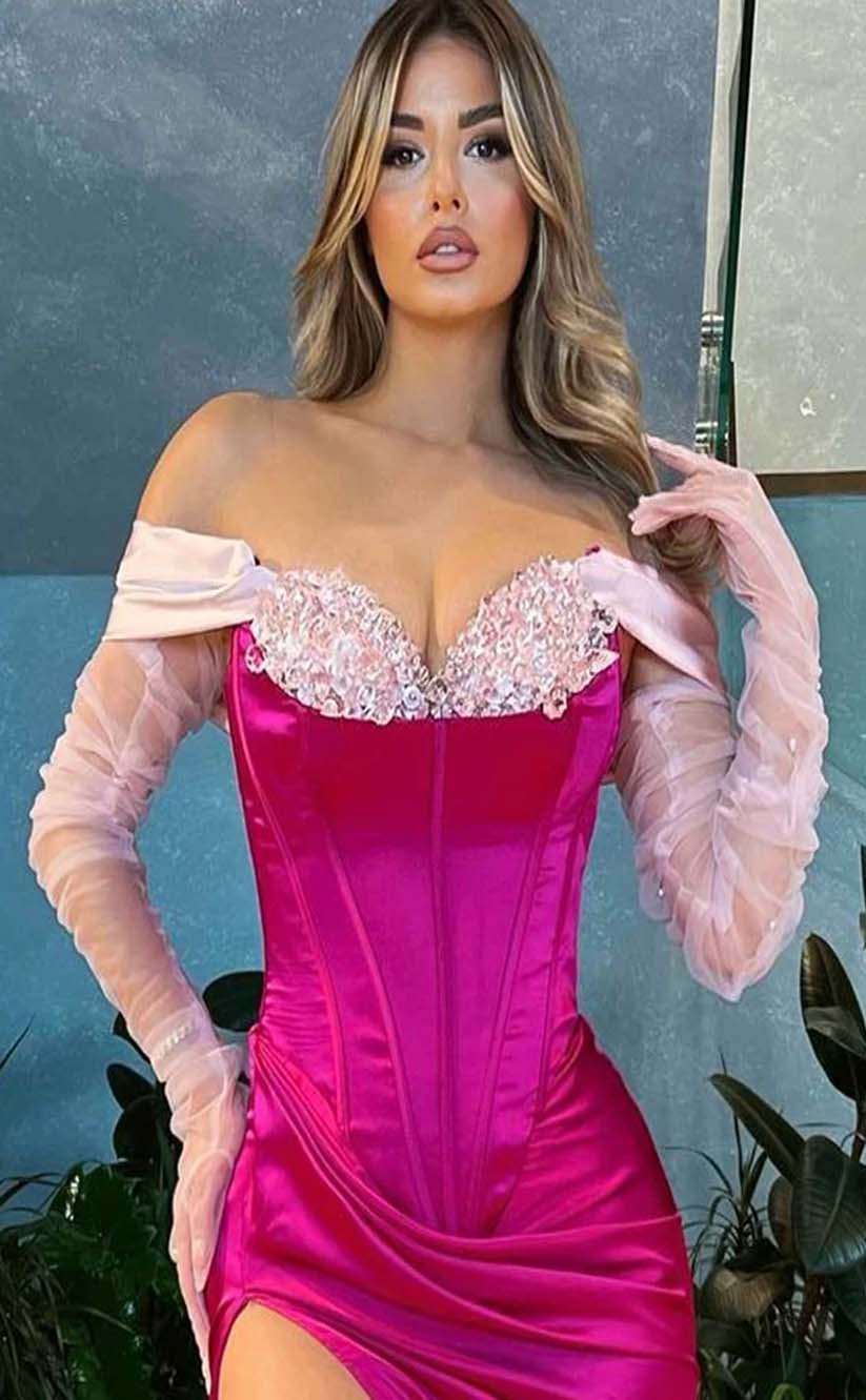 RP2166-Gorgeous Fuchsia Mermaid Off-the-Shoulder Appliqued Long Sleeves Satin Prom Evening Dresses Formal Party Gowns With Slit