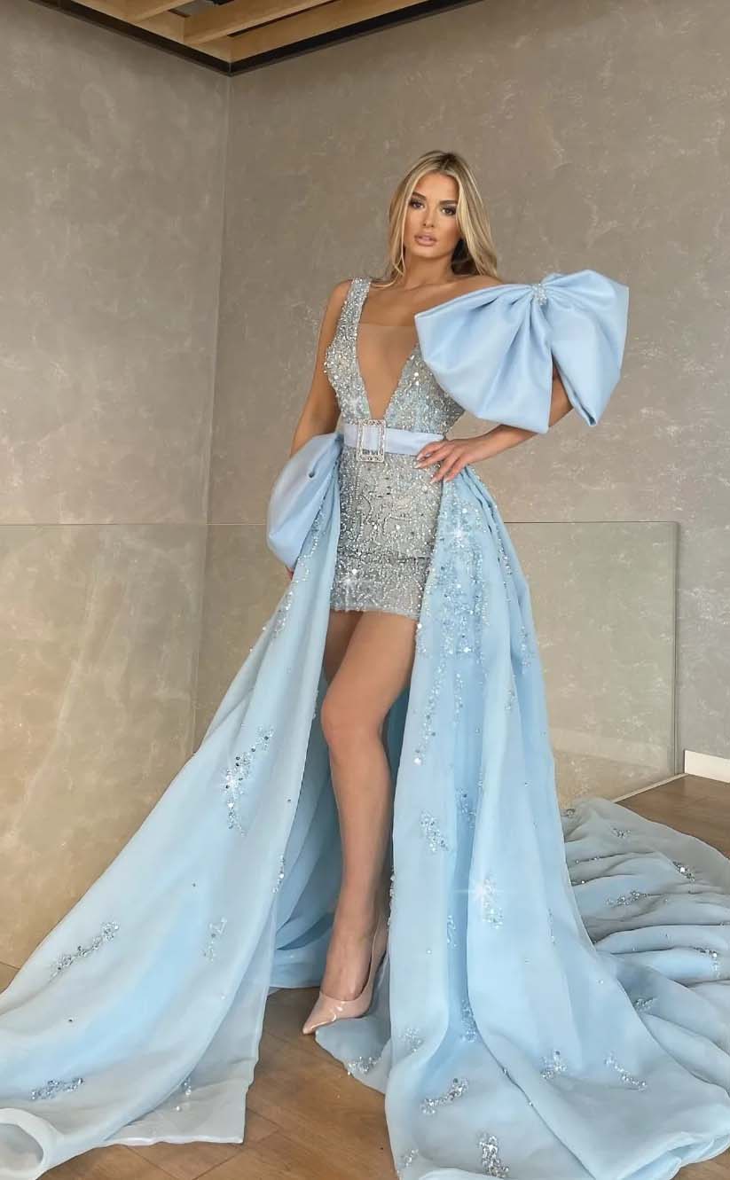 RP2170-Charming Sky Blue Mermaid Spaghetti Beaded Bowknot Organza Prom Evening Dresses Formal Party Gowns With Train