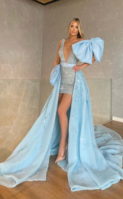 RP2170-Charming Sky Blue Mermaid Spaghetti Beaded Bowknot Organza Prom Evening Dresses Formal Party Gowns With Train