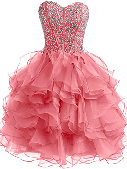 Cute A-Line Sweetheart Beads Crystals Ruffles Lace up Sleeveless Organza Mini Homecoming Graduation Dresses Special Occasion Party Gowns Custom