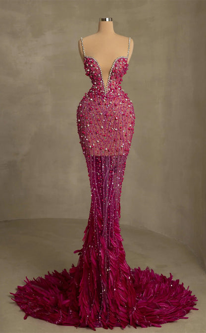 RP262-Fuchsia Trumpet Spaghetti Beads Crystals Feather Prom Evening Dresses Formal Party Gowns