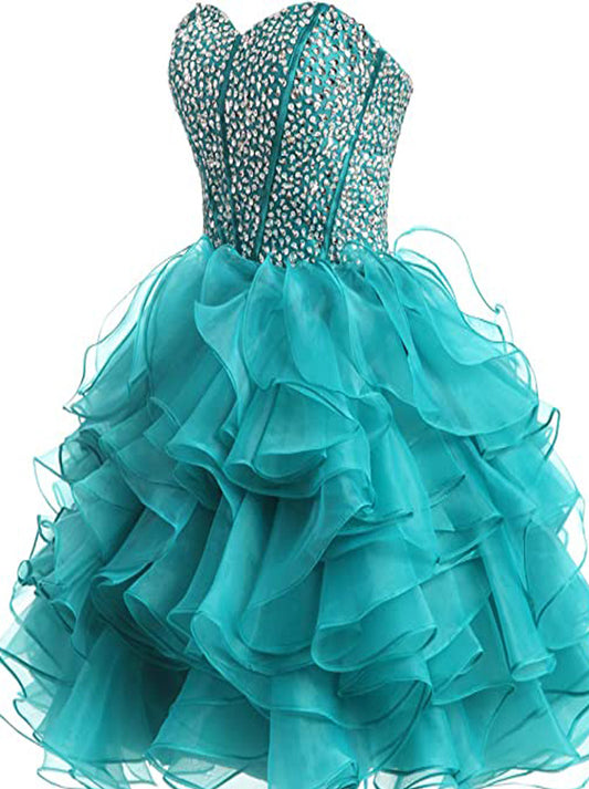 Cute A-Line Sweetheart Beads Crystals Ruffles Lace up Sleeveless Organza Mini Homecoming Graduation Dresses Special Occasion Party Gowns Custom