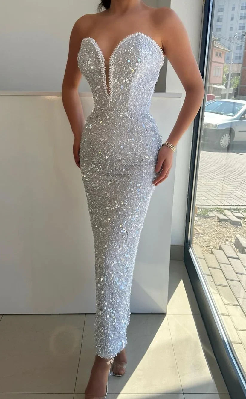 RP404-Luxury White Mermaid Sweetheart Sequins Beads Sleeveless Tea Length Prom Evening Dresses Formal Party Gowns