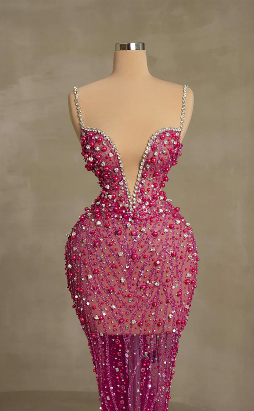 RP262-Fuchsia Trumpet Spaghetti Beads Crystals Feather Prom Evening Dresses Formal Party Gowns