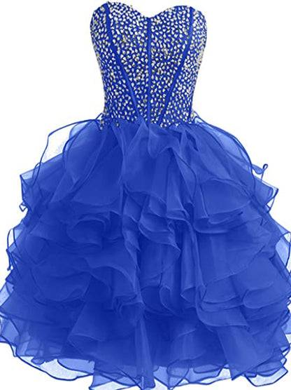 Cute A-Line Sweetheart Beads Crystals Ruffles Lace up Sleeveless Organza Mini Homecoming Graduation Dresses Special Occasion Party Gowns Custom