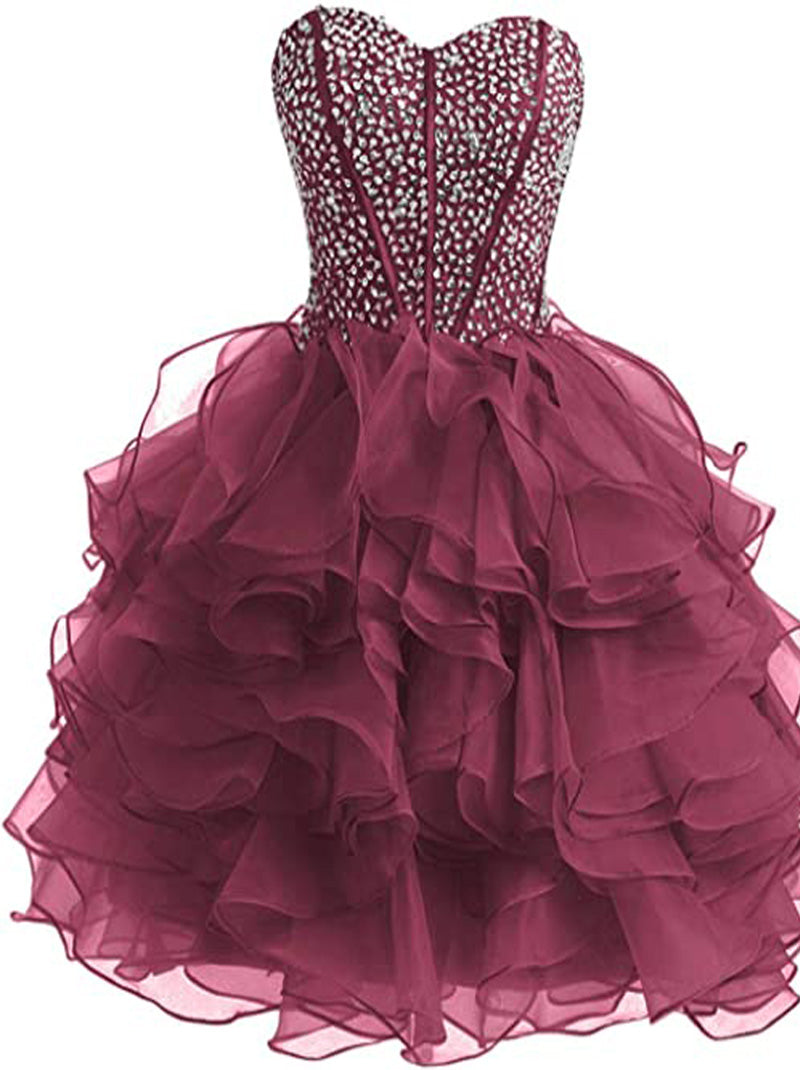 Cute A-Line Sweetheart Beads Crystals Ruffles Lace up Sleeveless Organza Mini Homecoming Graduation Dresses Special Occasion Party Gowns Custom