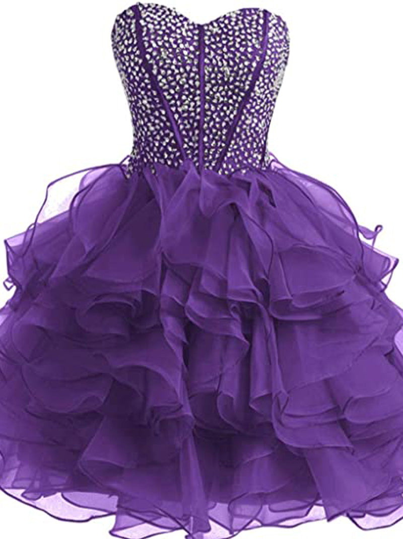 Cute A-Line Sweetheart Beads Crystals Ruffles Lace up Sleeveless Organza Mini Homecoming Graduation Dresses Special Occasion Party Gowns Custom