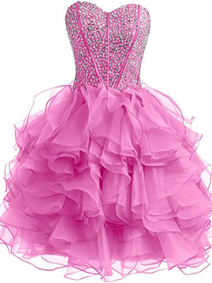 Cute A-Line Sweetheart Beads Crystals Ruffles Lace up Sleeveless Organza Mini Homecoming Graduation Dresses Special Occasion Party Gowns Custom