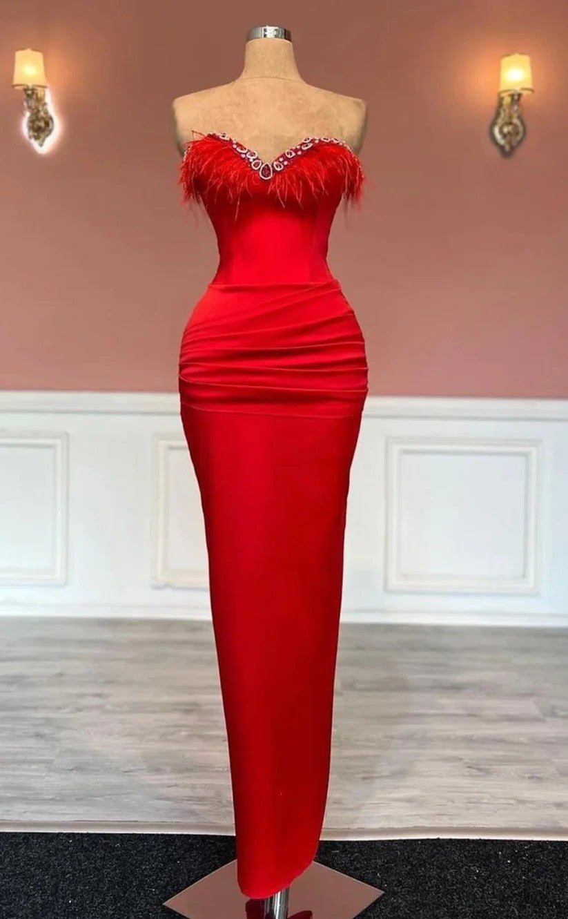 RP1397-Elegant Red Mermaid Sweetheart Crystals Feather Sleeveless Prom Evening Dresses Formal Party Gowns