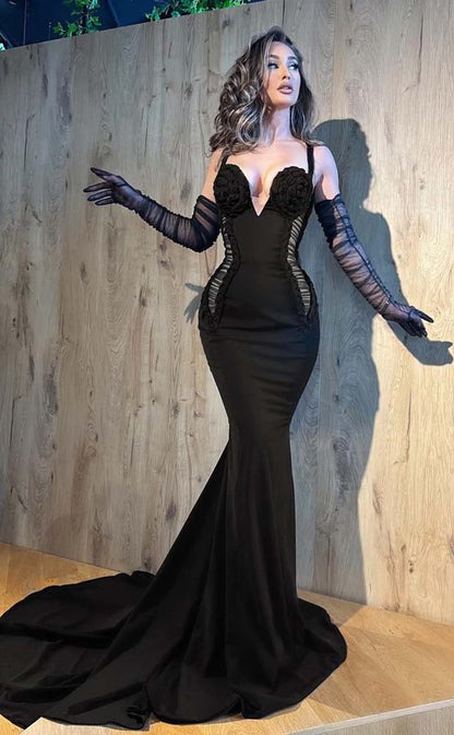 RP2163-Sexy Black Mermaid Spaghetti Pleated Flower Long Sleeves Satin Prom Evening Dresses Formal Party Gowns