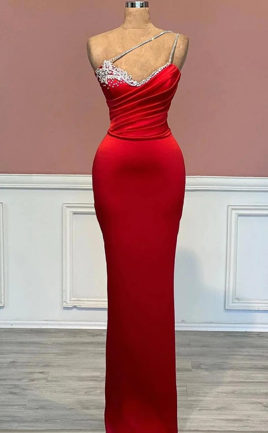 RP1399-Elegant Red Mermaid One Shoulder Beaded Ruched Sleeveless Prom Evening Dresses Formal Party Gowns