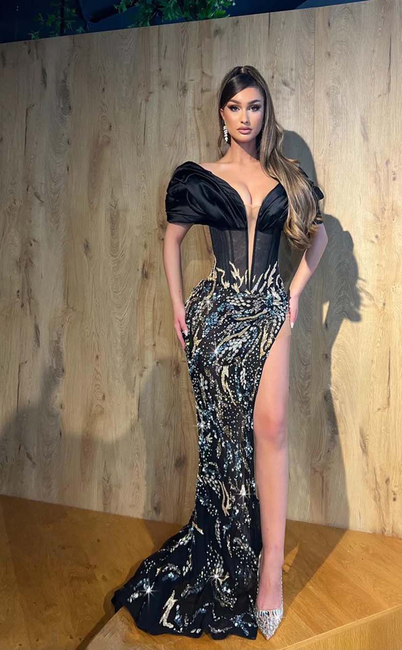 RP2163-Gorgeous Black Mermaid Off-the-Shoulder Crystals Beaded Cap Sleeves Satin Prom Evening Dresses Formal Party Gowns With Slit