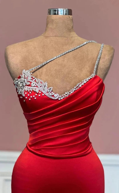 RP1399-Elegant Red Mermaid One Shoulder Beaded Ruched Sleeveless Prom Evening Dresses Formal Party Gowns