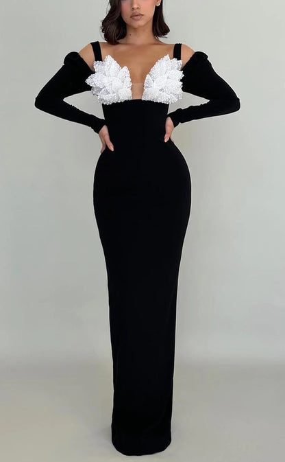 RP1400-Unique Black Mermaid Spaghetti Appliqued Beaded Long Sleeves Prom Evening Dresses Formal Party Gowns