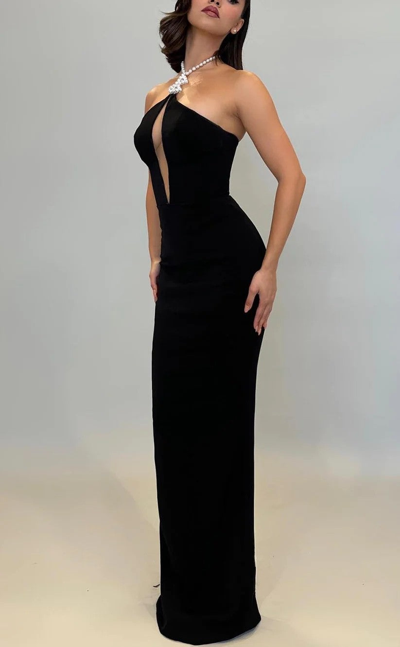 RP1401-Unique Black Mermaid Halter Pearls Sleeveless Prom Evening Dresses Formal Party Gowns