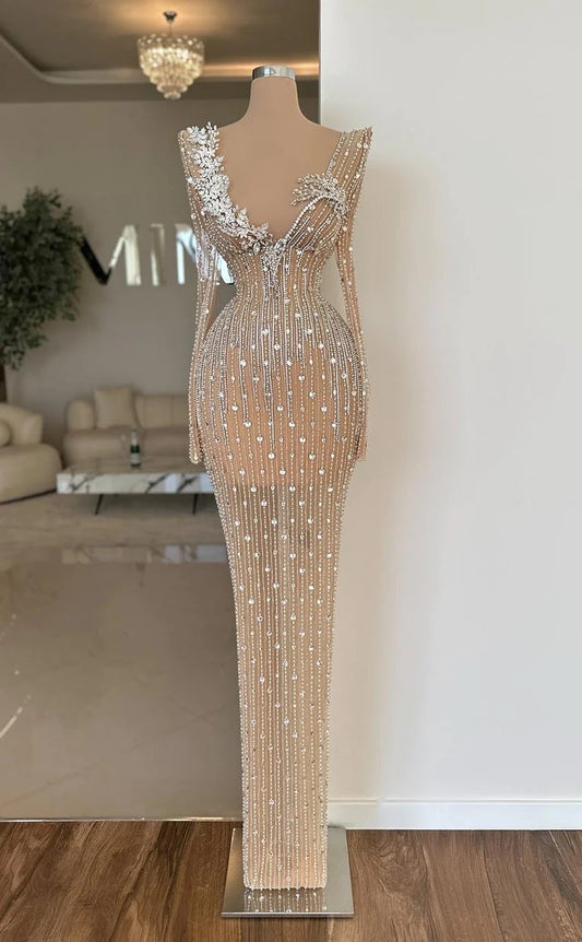 RP1403-Sparkling Ivory Mermaid V-Neck Sequins Crystals Long Sleeves Prom Evening Dresses Formal Party Gowns