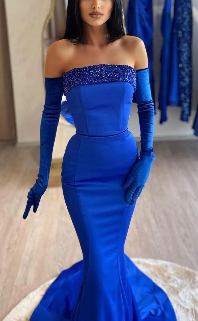 RP1404-Charming Royal Blue Mermaid Strapless Ruched Beads Long Gloves Prom Evening Dresses Formal Party Gowns With Train