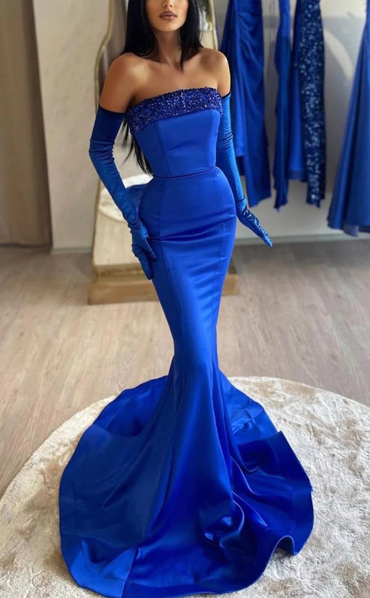 RP1404-Charming Royal Blue Mermaid Strapless Ruched Beads Long Gloves Prom Evening Dresses Formal Party Gowns With Train