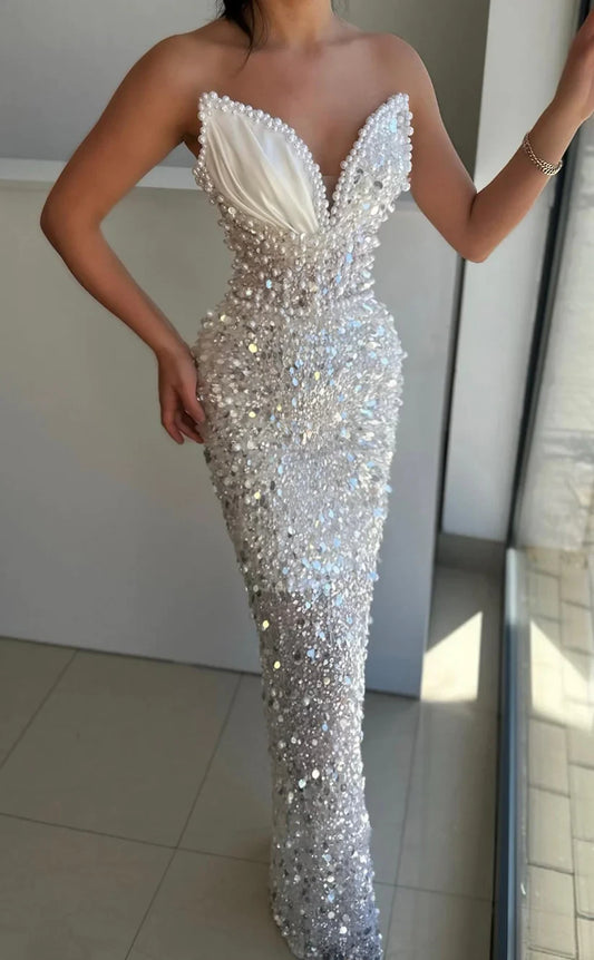 RP405-Luxury White Mermaid Sweetheart Sequins Beads Pearls Sleeveless Floor Length Prom Evening Dresses Formal Party Gowns
