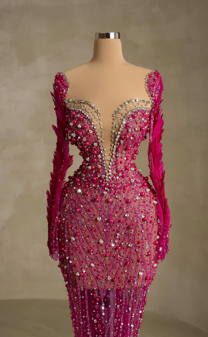 RP263-Fuchsia Trumpet Sweetheart Beads Crystals Feather Prom Evening Dresses Formal Party Gowns
