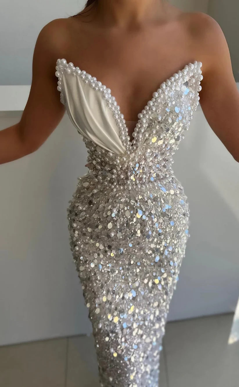 RP405-Luxury White Mermaid Sweetheart Sequins Beads Pearls Sleeveless Floor Length Prom Evening Dresses Formal Party Gowns