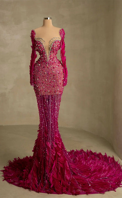 RP263-Fuchsia Trumpet Sweetheart Beads Crystals Feather Prom Evening Dresses Formal Party Gowns