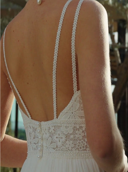 Ivory A-Line Wedding Dresses V-Neck Appliques Beads Side Slit Zipper Chiffon Sweep Train Bridal Gowns Custom Made