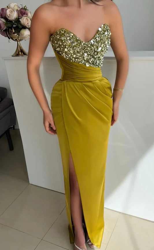 RP406-Charming Mermaid Sweetheart Sequins Beads Ruched Sleeveless Floor Length Prom Evening Dresses Formal Party Gowns With Side Slit