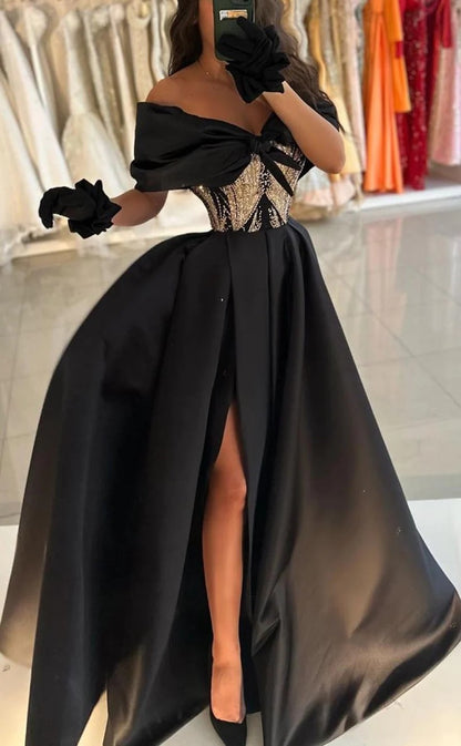 RP1406-Elegant Black A-Line Off-the-Shoulder Beaded Cap Sleeves Prom Evening Dresses Formal Party Gowns With Slit