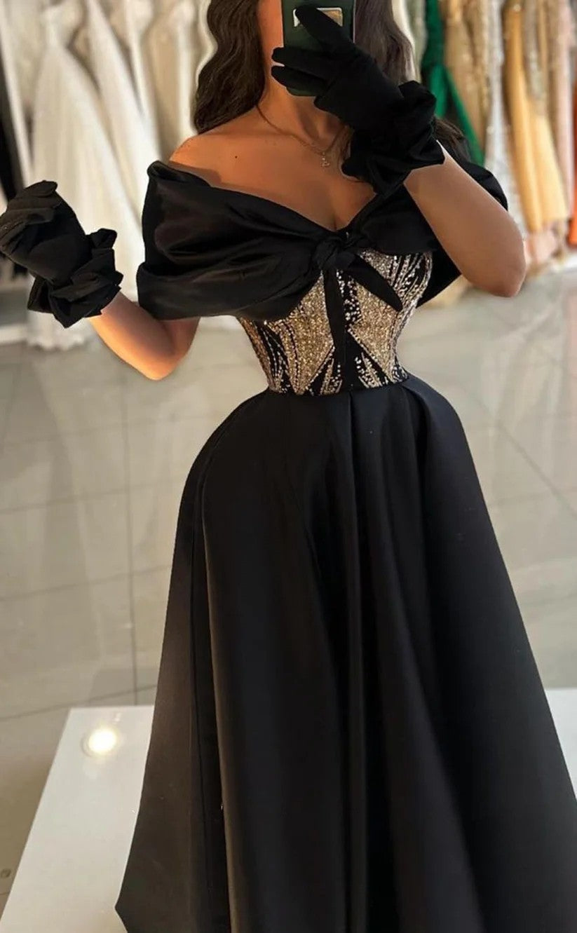 RP1406-Elegant Black A-Line Off-the-Shoulder Beaded Cap Sleeves Prom Evening Dresses Formal Party Gowns With Slit