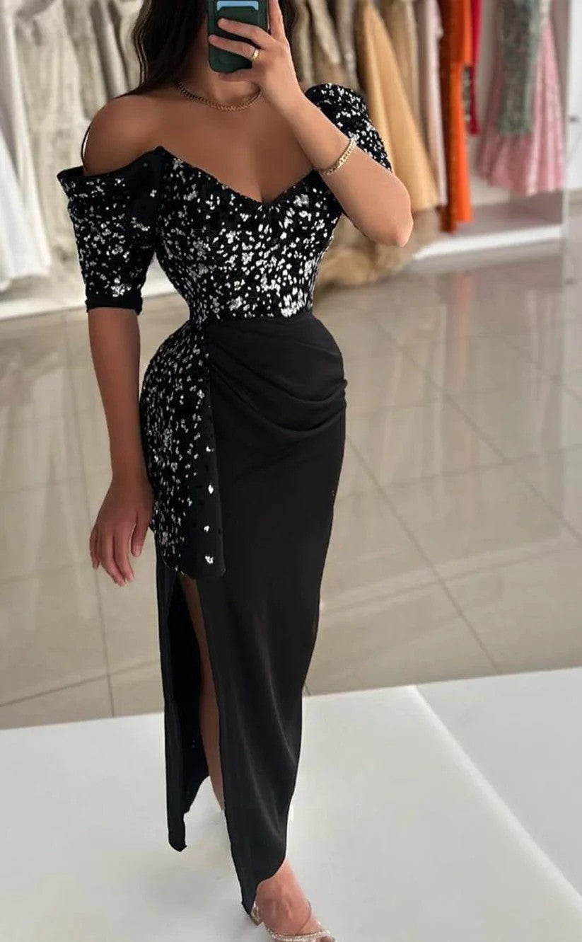 RP1408-Elegant Black Mermaid Off-the-Shoulder Sequins Cap Sleeves Prom Evening Dresses Formal Party Gowns With Slit