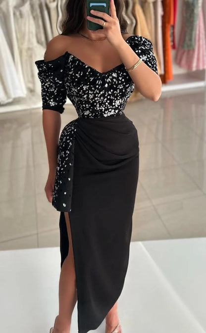 RP1408-Elegant Black Mermaid Off-the-Shoulder Sequins Cap Sleeves Prom Evening Dresses Formal Party Gowns With Slit