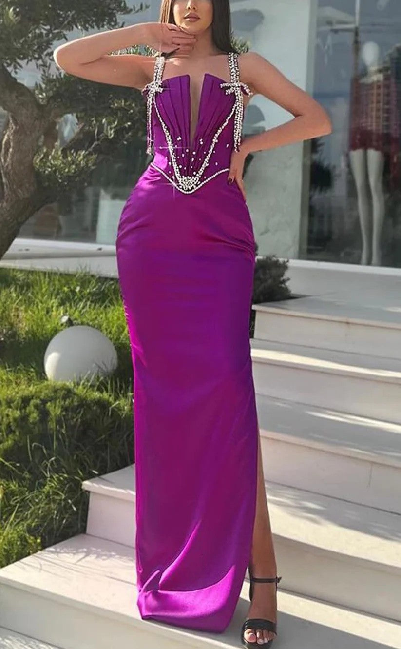 RP1409-Elegant Purple Mermaid Spaghetti Ruched Crystals Sleeveless Prom Evening Dresses Formal Party Gowns With Slit