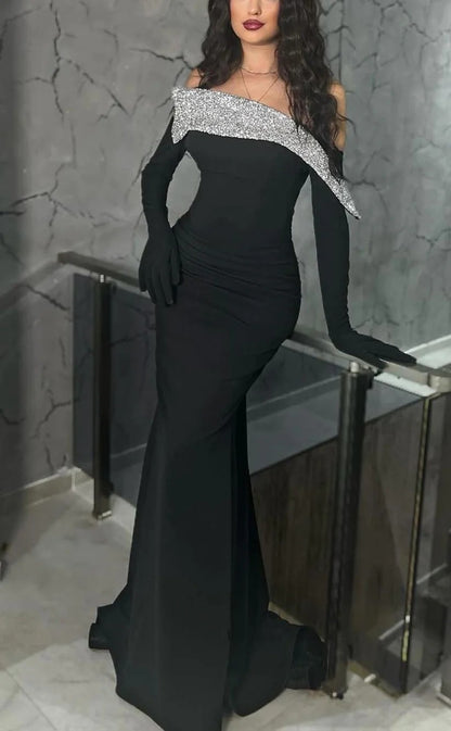 RP1411-Elegant Black Mermaid Off-the-Shoulder Sequins Cap Sleeves Prom Evening Dresses Formal Party Gowns With Train