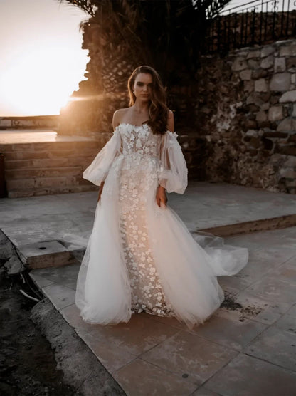 Gorgeous & Classic Mermaid Boho Wedding Dresses Sweetheart Puffy Long Sleeves Appliqued Beads Sweep Train Tulle Bridal Gowns Custom