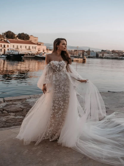 Gorgeous & Classic Mermaid Boho Wedding Dresses Sweetheart Puffy Long Sleeves Appliqued Beads Sweep Train Tulle Bridal Gowns Custom