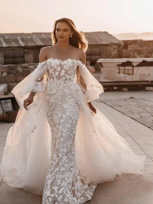 Gorgeous & Classic Mermaid Boho Wedding Dresses Sweetheart Puffy Long Sleeves Appliqued Beads Sweep Train Tulle Bridal Gowns Custom