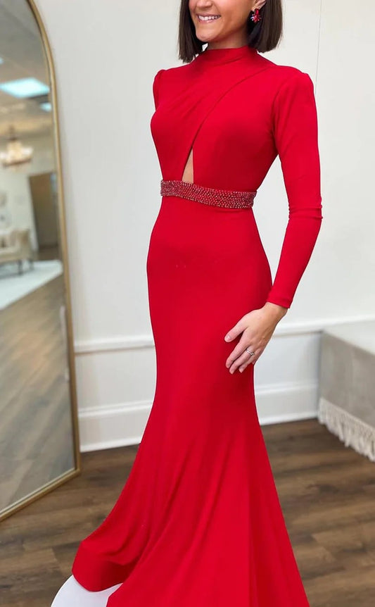 RP1413-Elegant Red Mermaid High Neck Pearls Long Sleeves Chiffon Prom Evening Dresses Formal Party Gowns