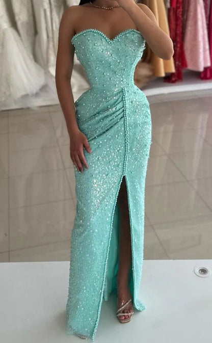 RP1415-Sparkling Mermaid Sweetheart Beaded Pearls Sleeveless Prom Evening Dresses Formal Party Gowns With Slit