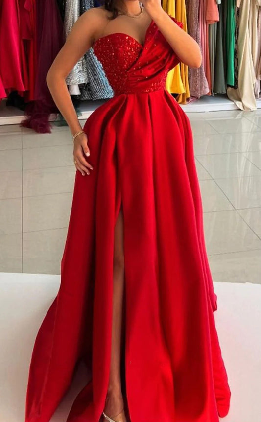 RP1416-Elegant Red A-Line One Shoulder Beaded Cap Sleeves Prom Evening Dresses Formal Party Gowns With Slit