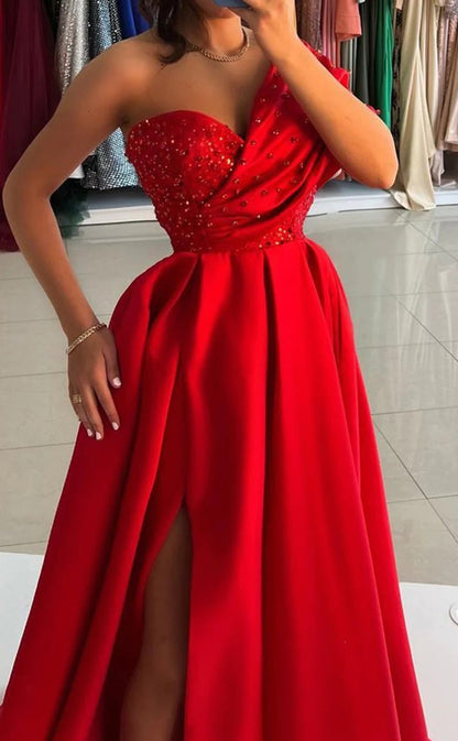 RP1416-Elegant Red A-Line One Shoulder Beaded Cap Sleeves Prom Evening Dresses Formal Party Gowns With Slit