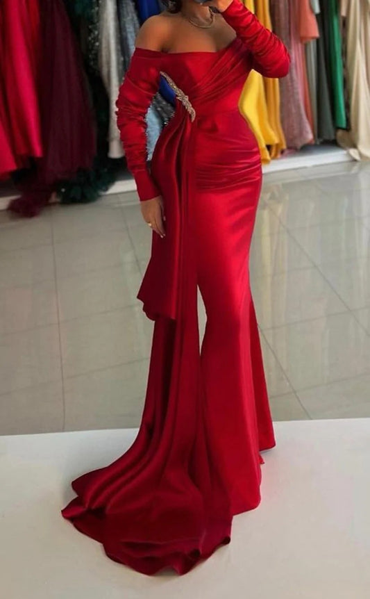 RP1418-Elegant Red Mermaid Sweetheart Crystals Long Sleeves Prom Evening Dresses Formal Party Gowns With Train